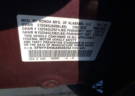 2010 Honda Pilot Ex-L z USA, uszkodzony, nr VIN 5FNYF4H56AB036254